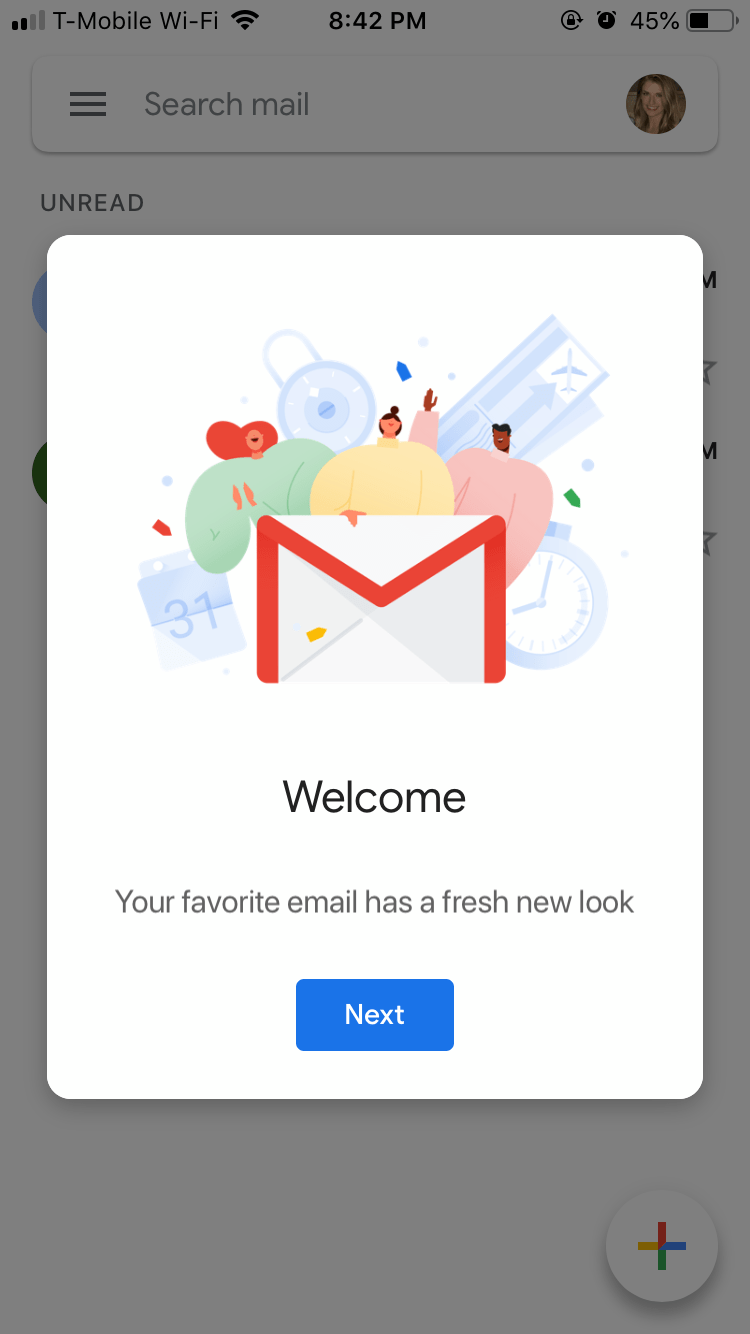 gmail mobile app new look announcement welcome modal window