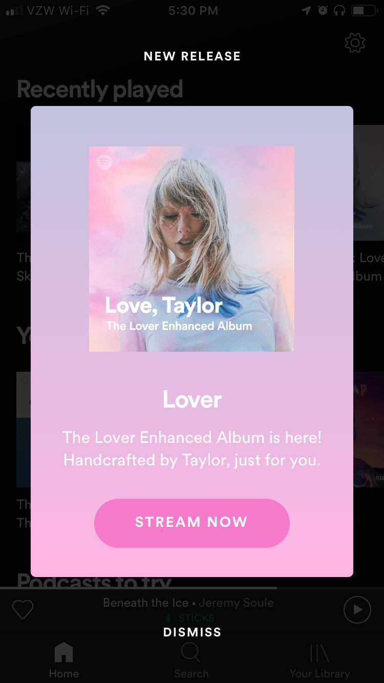 spotify partial screen modal window new release announcement