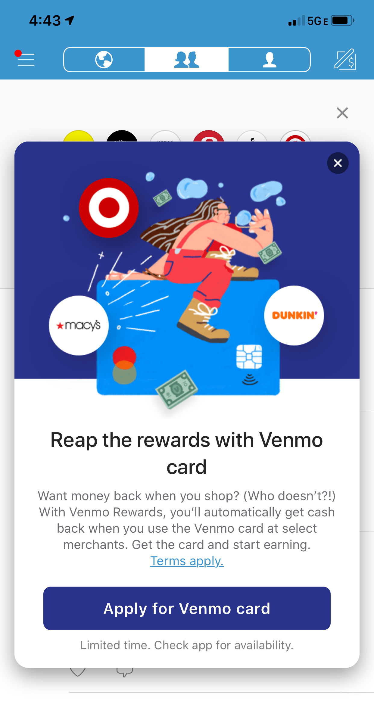 venmo card in app promotion modal message