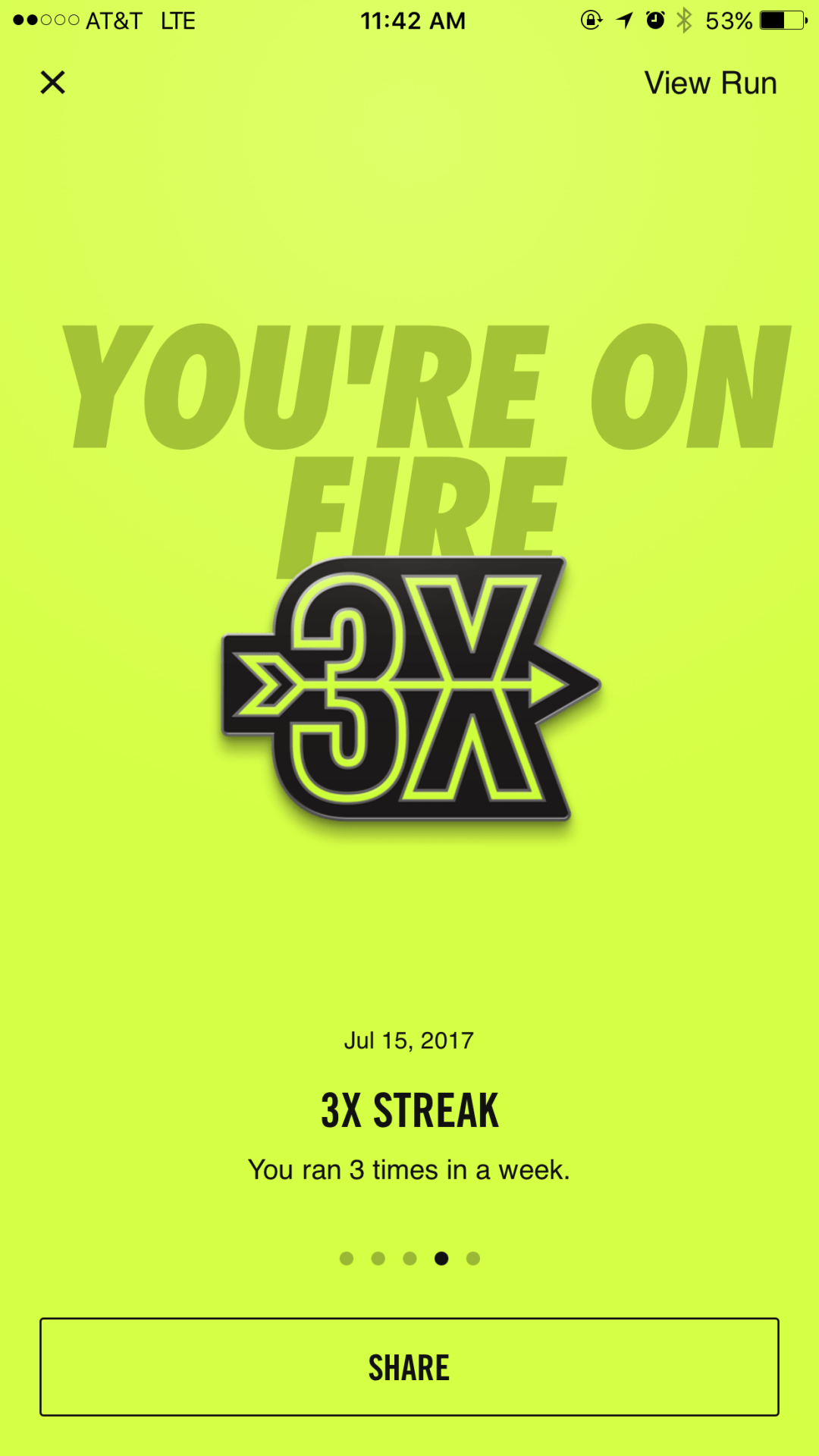 nike run club user achievement success messge full screen modal window