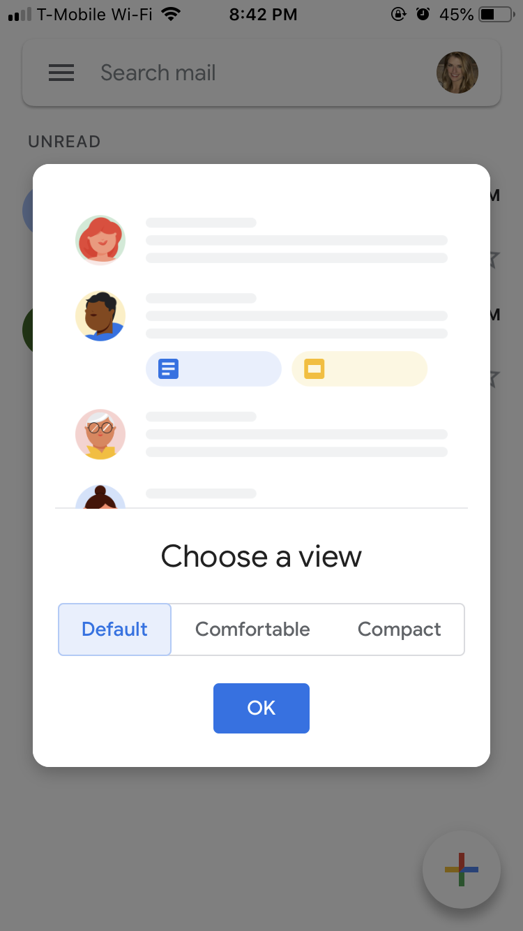 gmail mobile app new look announcement welcome modal window choose a view options