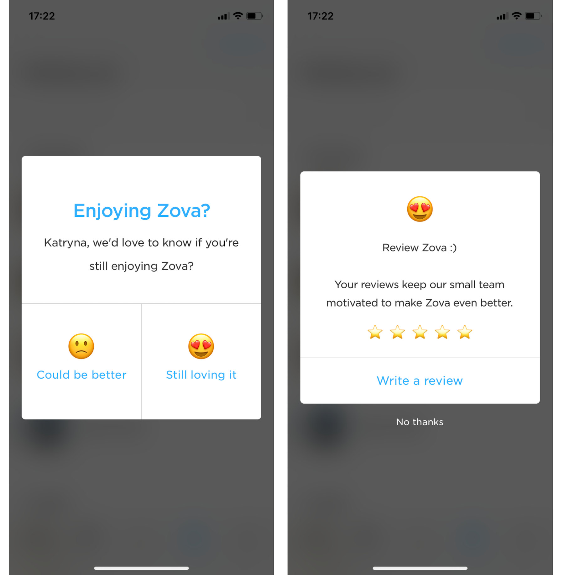 zova mobile app user review request emoji rating system