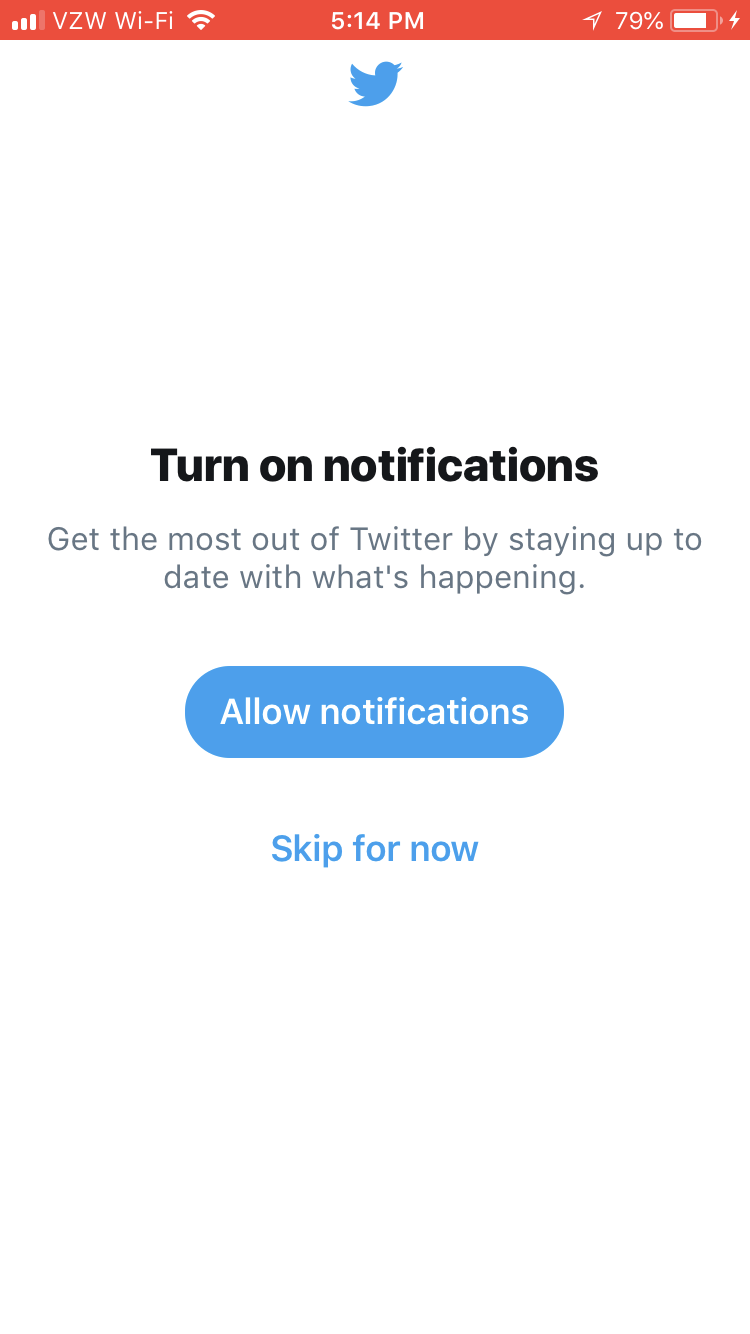 this is a screenshot of Twitter's permission priming for their mobile app. There is a button to allow notifications and an option to skip for now.