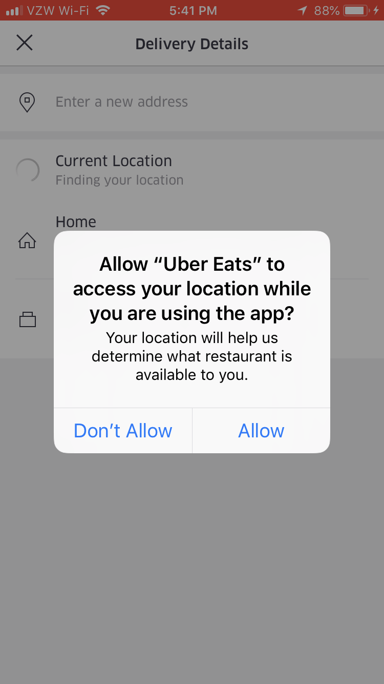 This is a screenshot of the uber eats app asking for permission to use the mobile phone's location services to locate the user to determine where to deliver food to. It is an example of simple permission priming.
