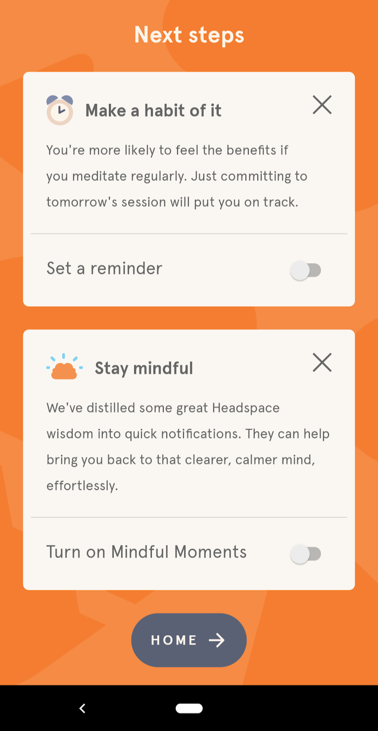Headspace's permission priming that prompts a user to turn on "mindful moments".