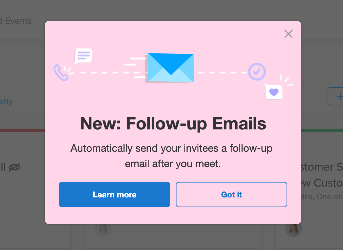 calendly new feature followup email annoucement pink modal window