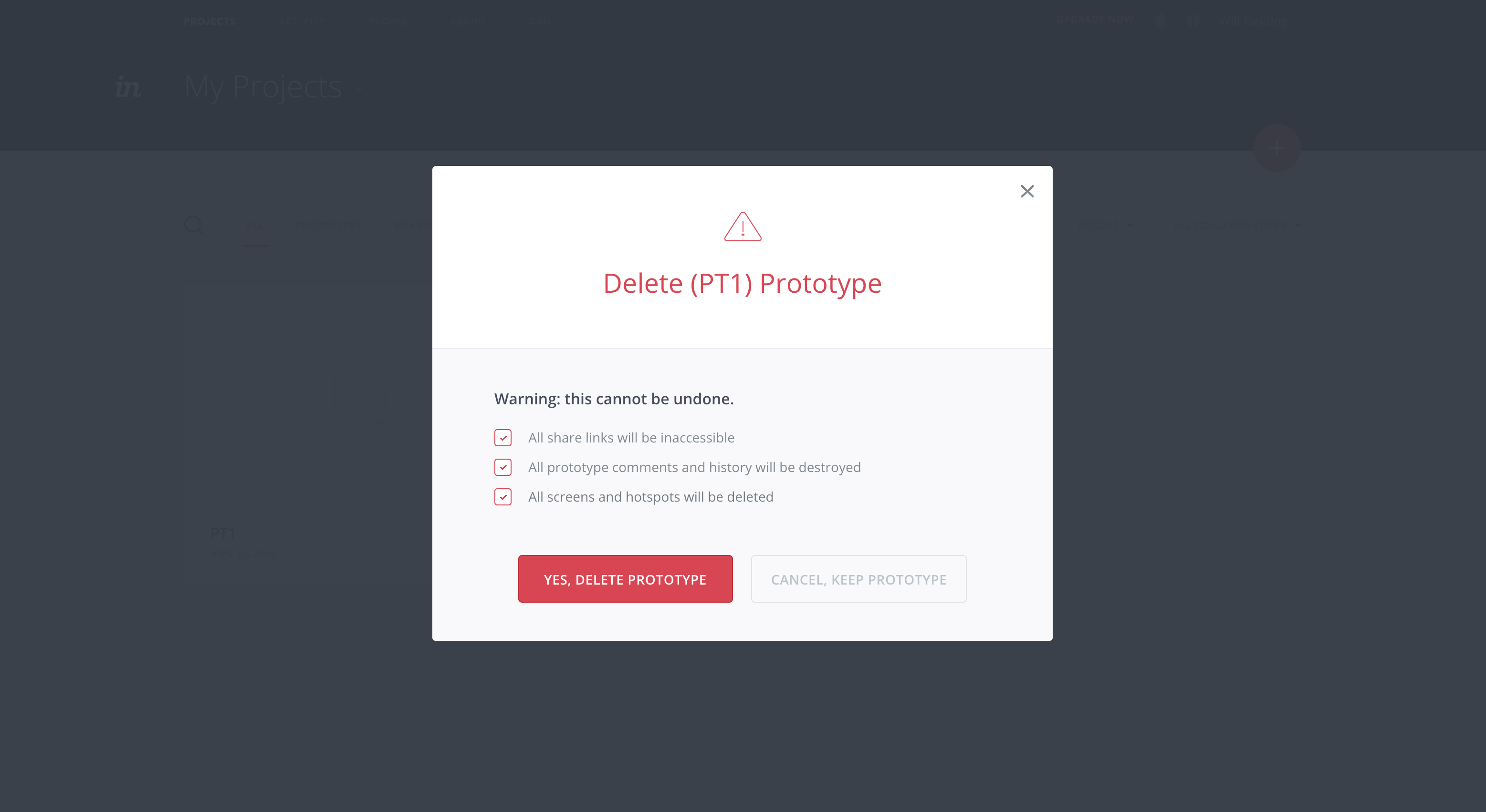 invision delete prototype action feedback confirmation modal popup