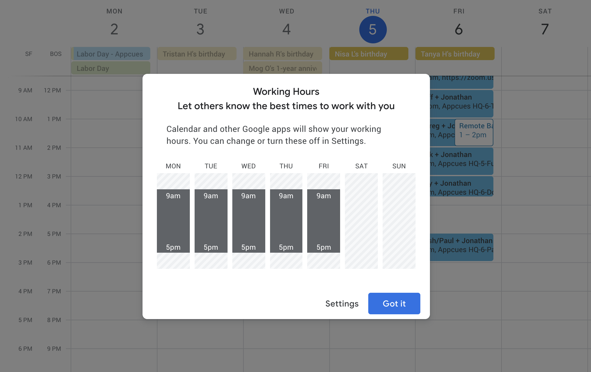 google calendar confirm working hours modal window