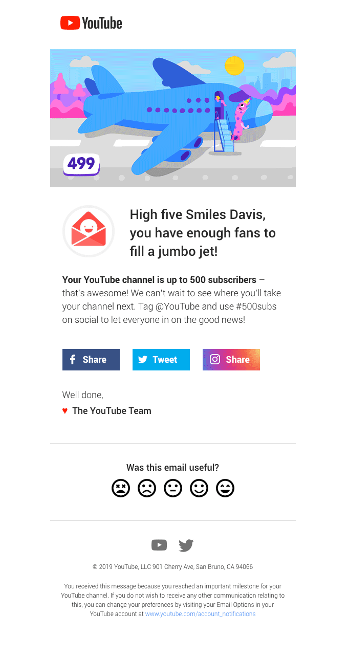 youtube 500 subscribers email milestone celebration for user engagement
