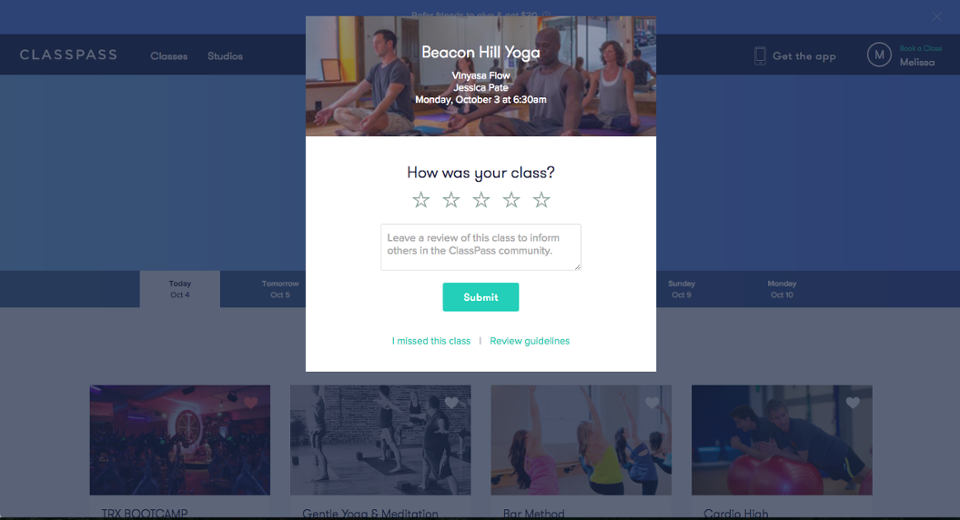 classpass class rating user review prompt