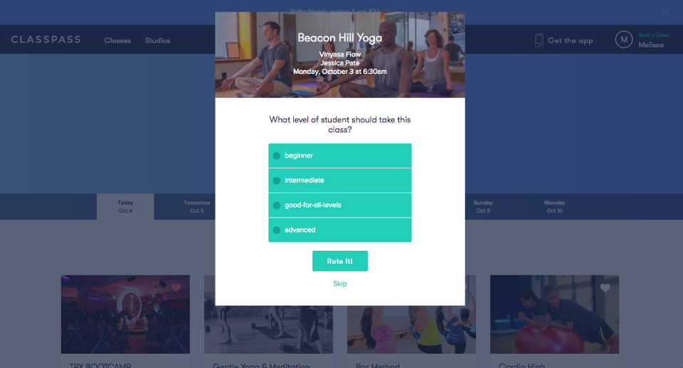 classpass in-app user feedback request modal popup