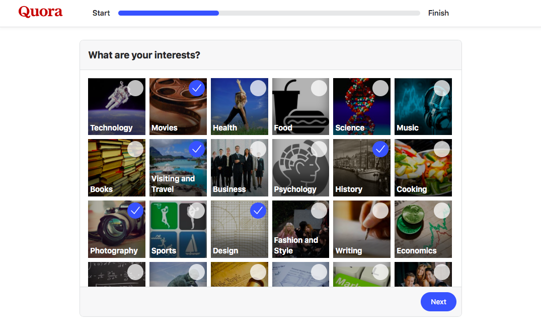 quora user onboarding progress bar example