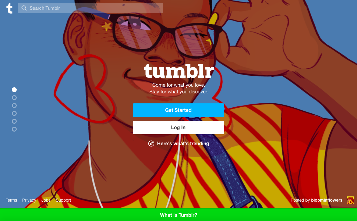 tumblr user onboarding signup welcome page with user content