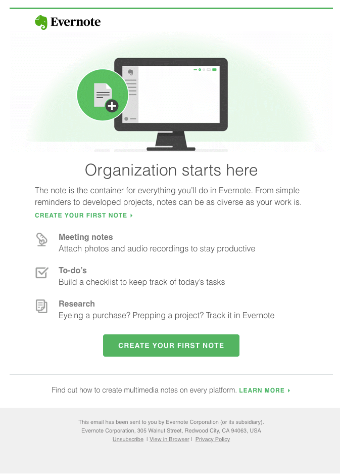 this is a screenshot of an email from evernote. this is an example of email onboarding with a short list of jobs to be done and a green call to action button with a simple CTA that says "create your first note"