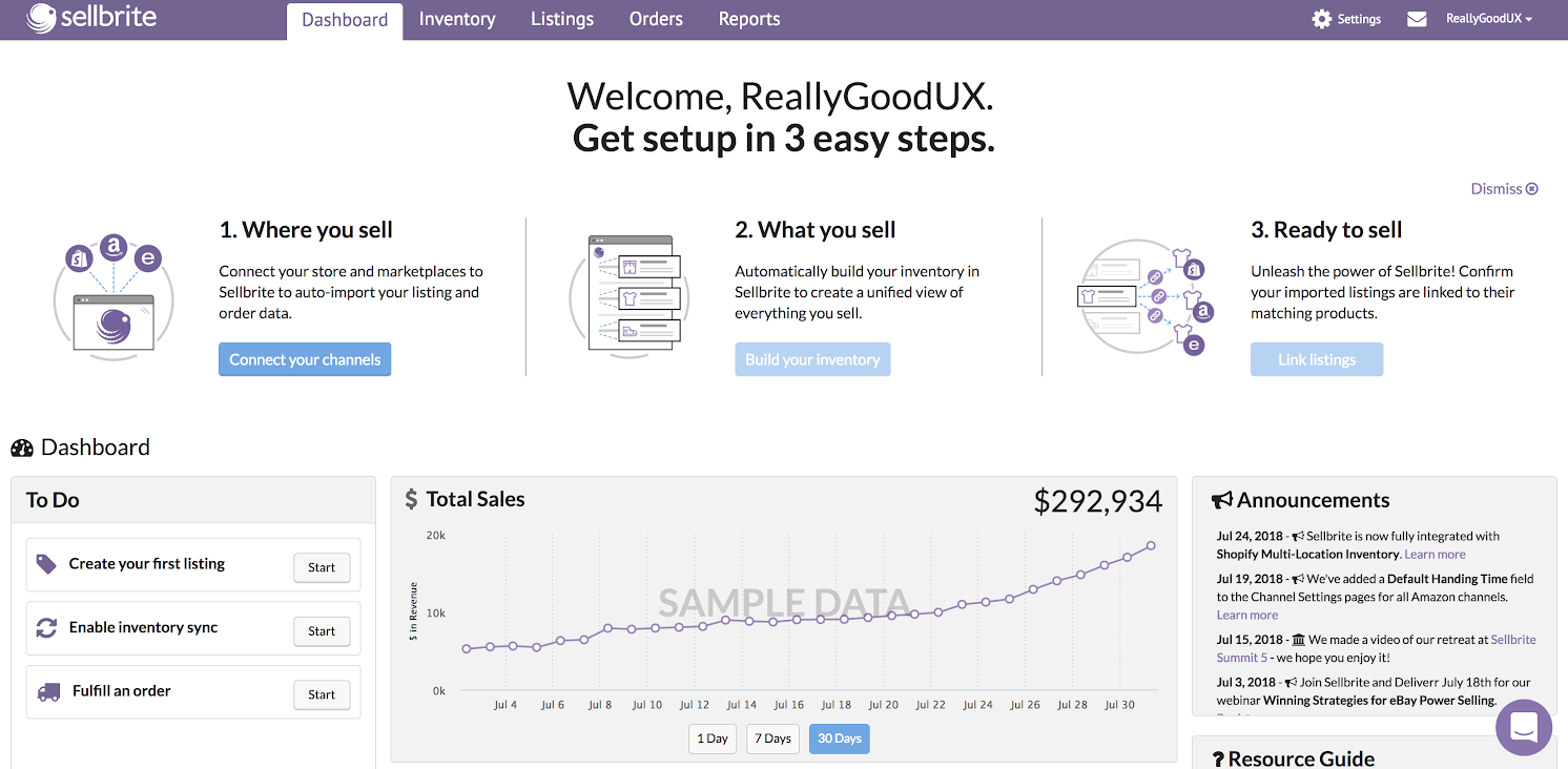 this is a screenshot image from sellbrite product that shows new user onboarding tasks in a horizontal list. there are 3 steps to getting set up. this example is part of an omnichannel user experience 