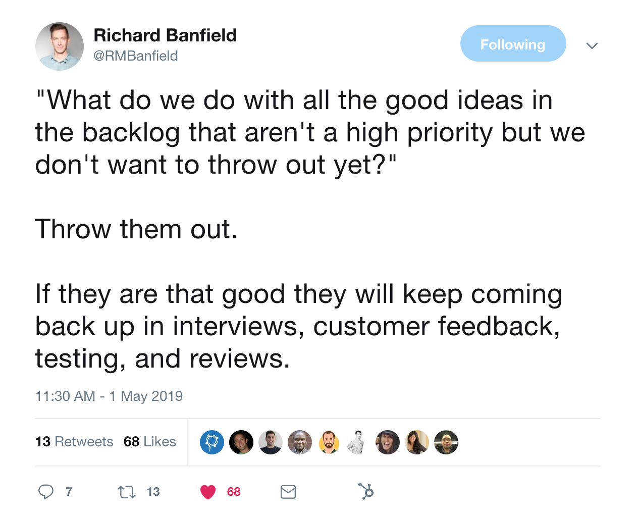 this is a tweet from richard banfield about what to do with good ideas that are kept on the backburner