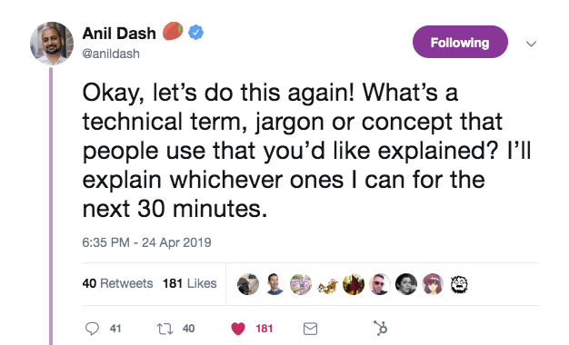 this is a tweet from anil dash that asks what technical jargon or concept his followers would like to have explained