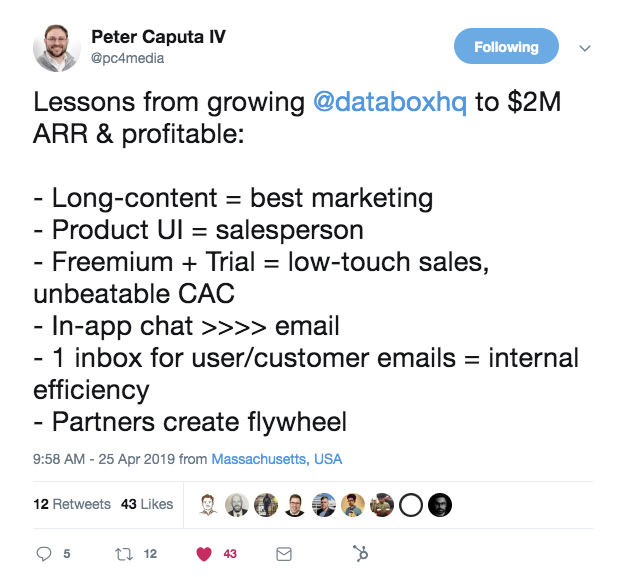 this is a tweet from peter caputa iv with lessons from growing databoc to be a profitable company. some points include: long content = best marketing, product UI = salesperson, freemium + trial = low-touch sales