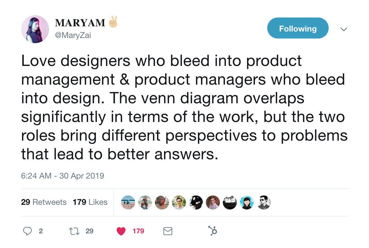 this is a tweet from maryzai about the intersection of ux design and product managers