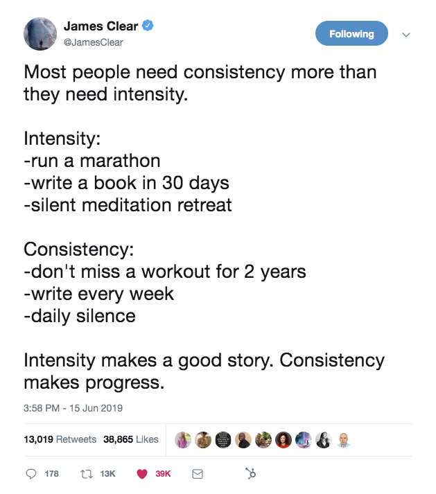this is a tweet from james clear about consistency vs intensity