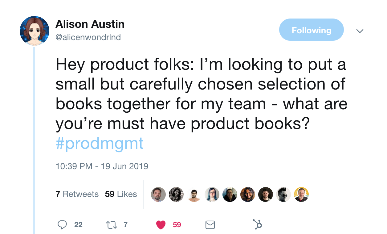 this is a tweet from alison austin about product management and software books