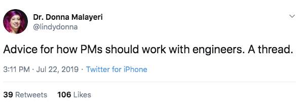 tweet from @lindydonna about how product managers and engineers should work together