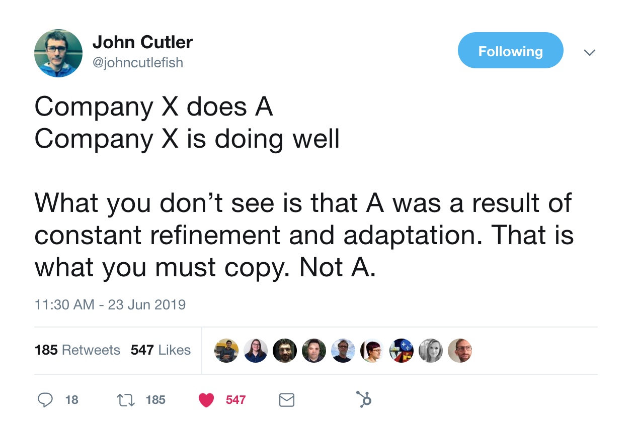 this is a tweet from john cutler at amplitude about copying best practices