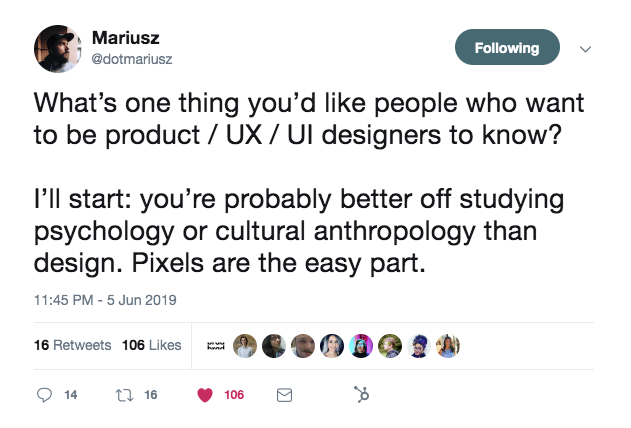 this is a tweet about what you should study to become a ux / ui / product designer