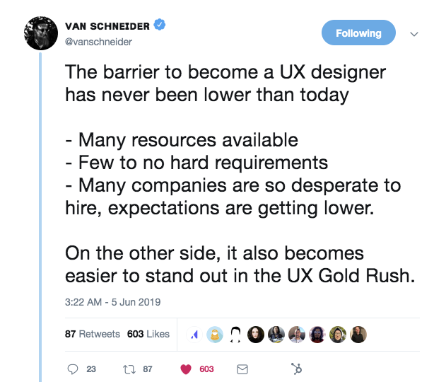 this is a tweet about how it's easier than ever to become a ux designer