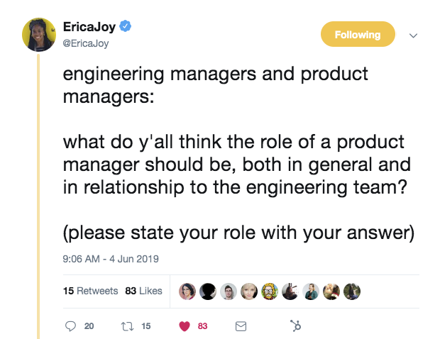 this is a tweet from erica joy at microsoft about the role of engineers managers and product managers
