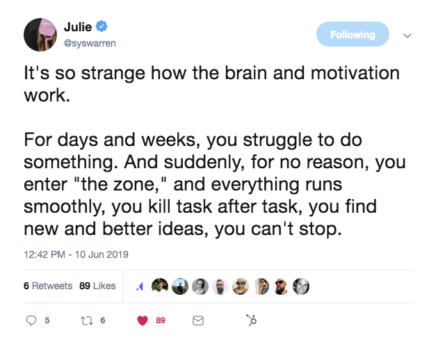 this is a tweet from julie delanoy at producthunt about getting into the zone at work 