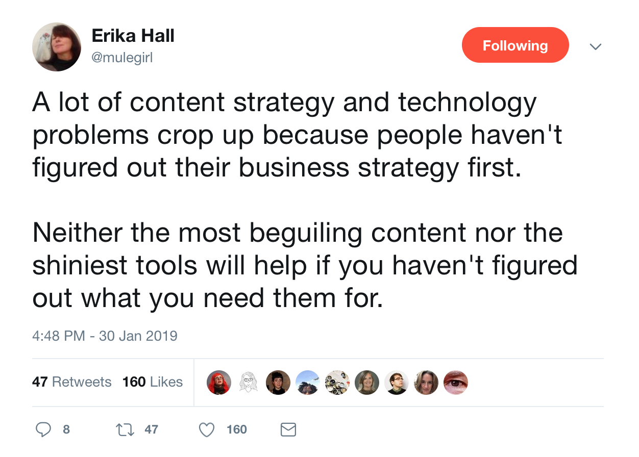This is a tweet from erika hall about business strategy. This tweet is from January 30 2019.