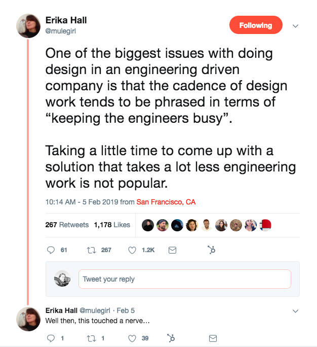 This is a tweet about product design and management from Erika Hall @mulegirl about the idea of keeping engineers busy.