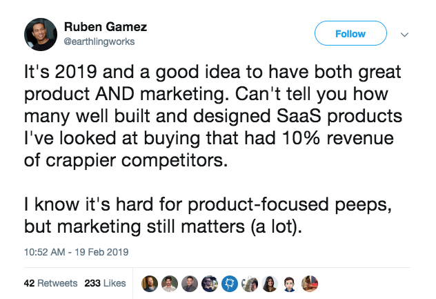 this is a tweet from ruben gamez about product marketing and the importance of marketing for sa