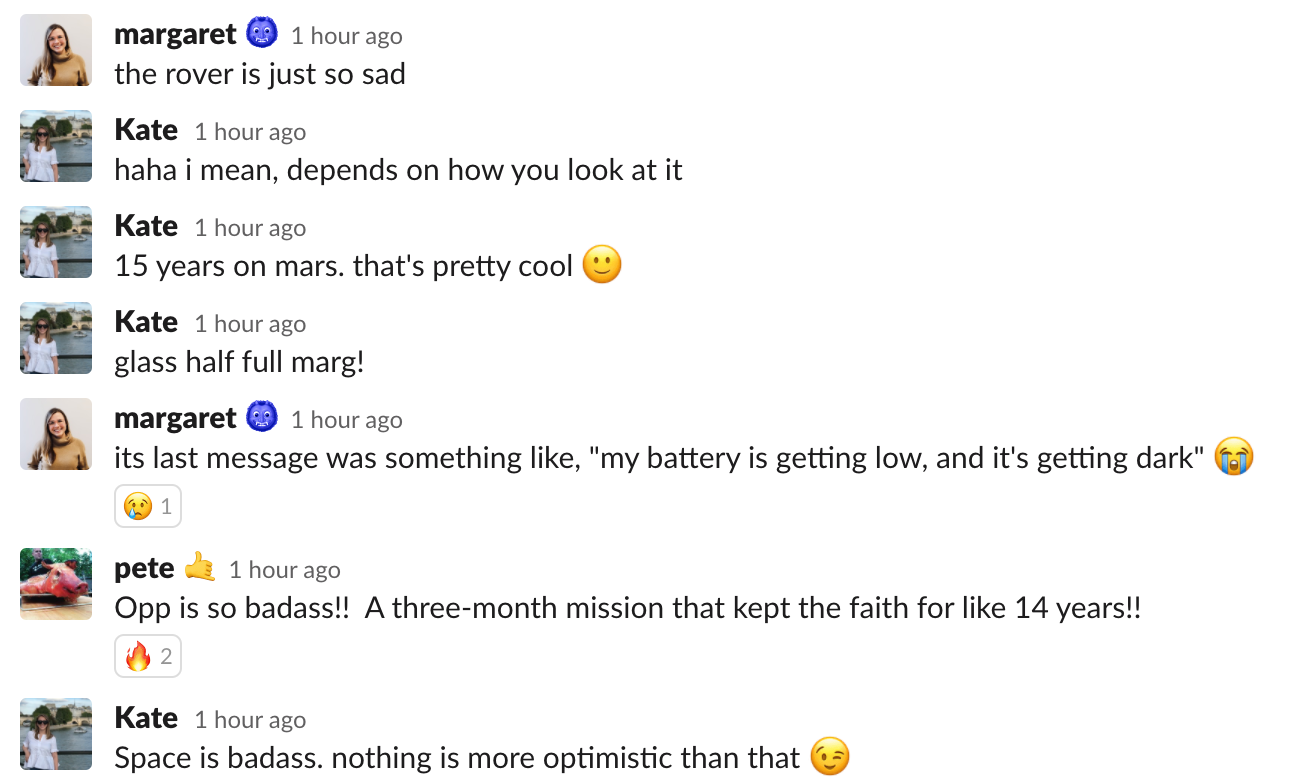 this is a slack conversation between coworkers at a product company talking about the mars rover opportunity