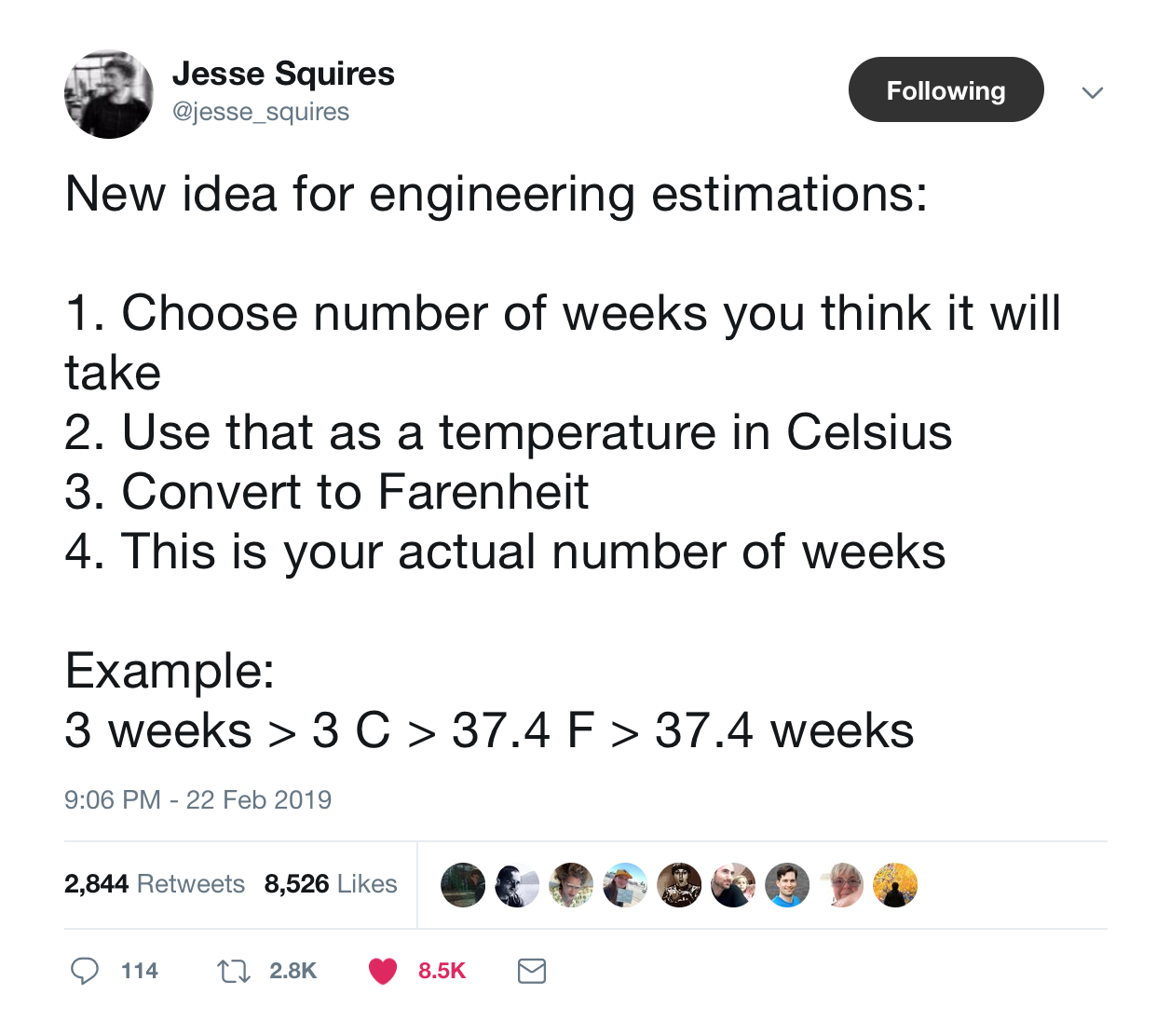 this is a tweet from jesse squires about engineering estimates about how long eng and dev will take