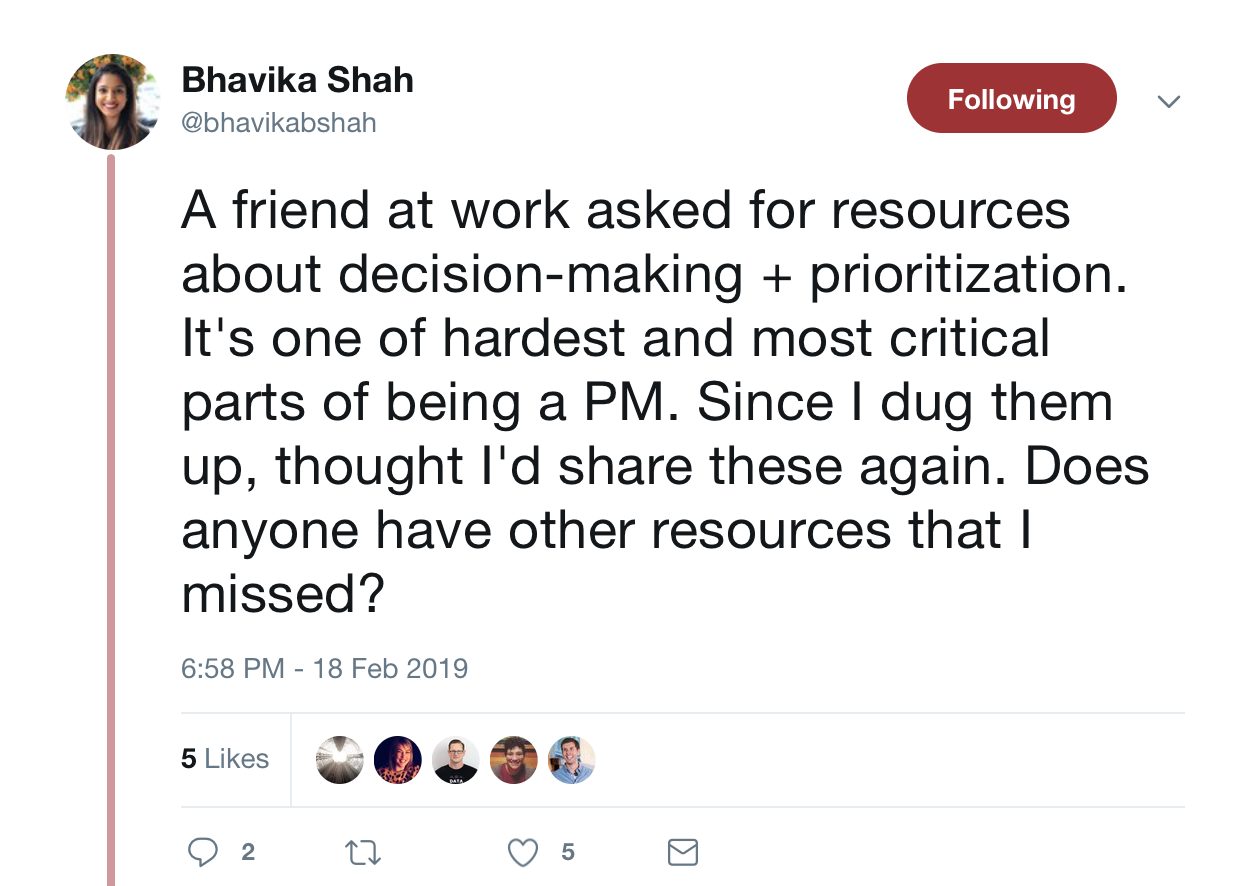 this is a tweet from bhavika shah about decision making and prioritization skills as requirements for being a pm or product manager