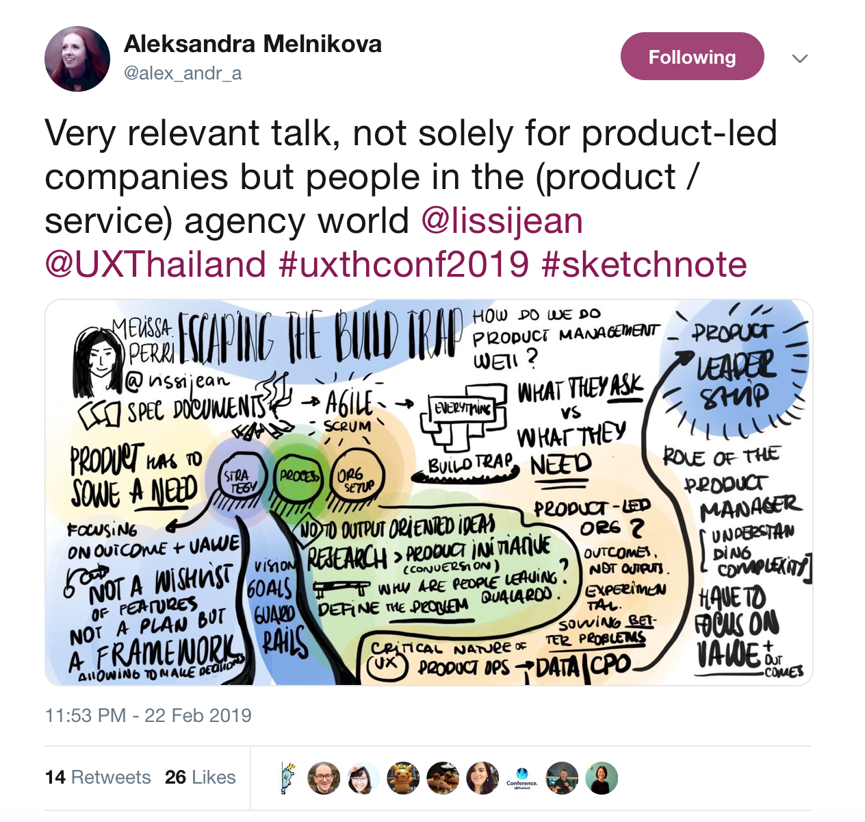 this is a tweet from aleksandra melnikova about the ux thailand conference 2019 with a sketchnote about escaping the build trap for product led companies