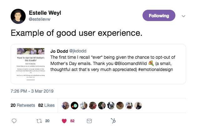 A tweet that says, "example of good user experience"