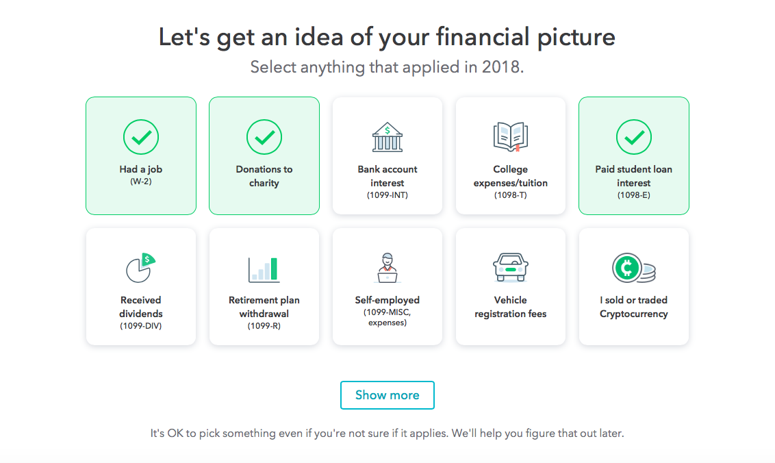 turbotax user onboarding declared data multiple choice