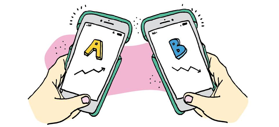 An illustration of two hands holding cell phones, one with the letter "A" and the other, the letter "B"—for A/B test.