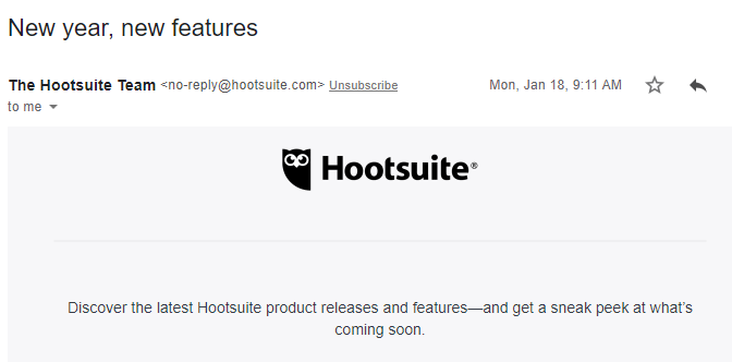 Product launch email example from Hootsuite