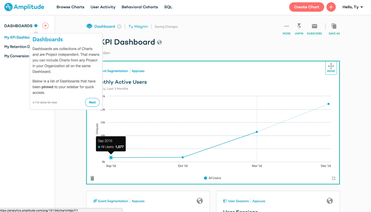Screenshot of Amplitude's KPI dashboard