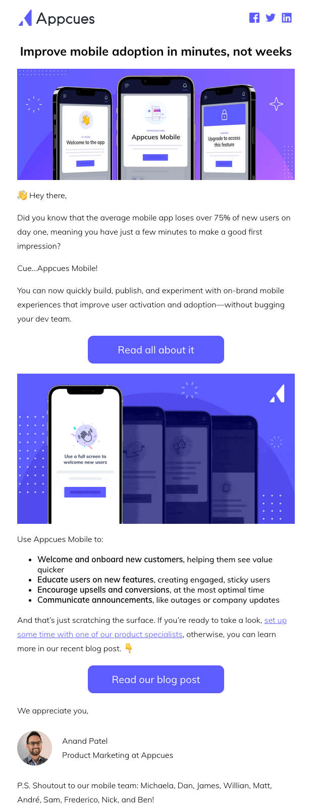 Appcues mobile product launch email example