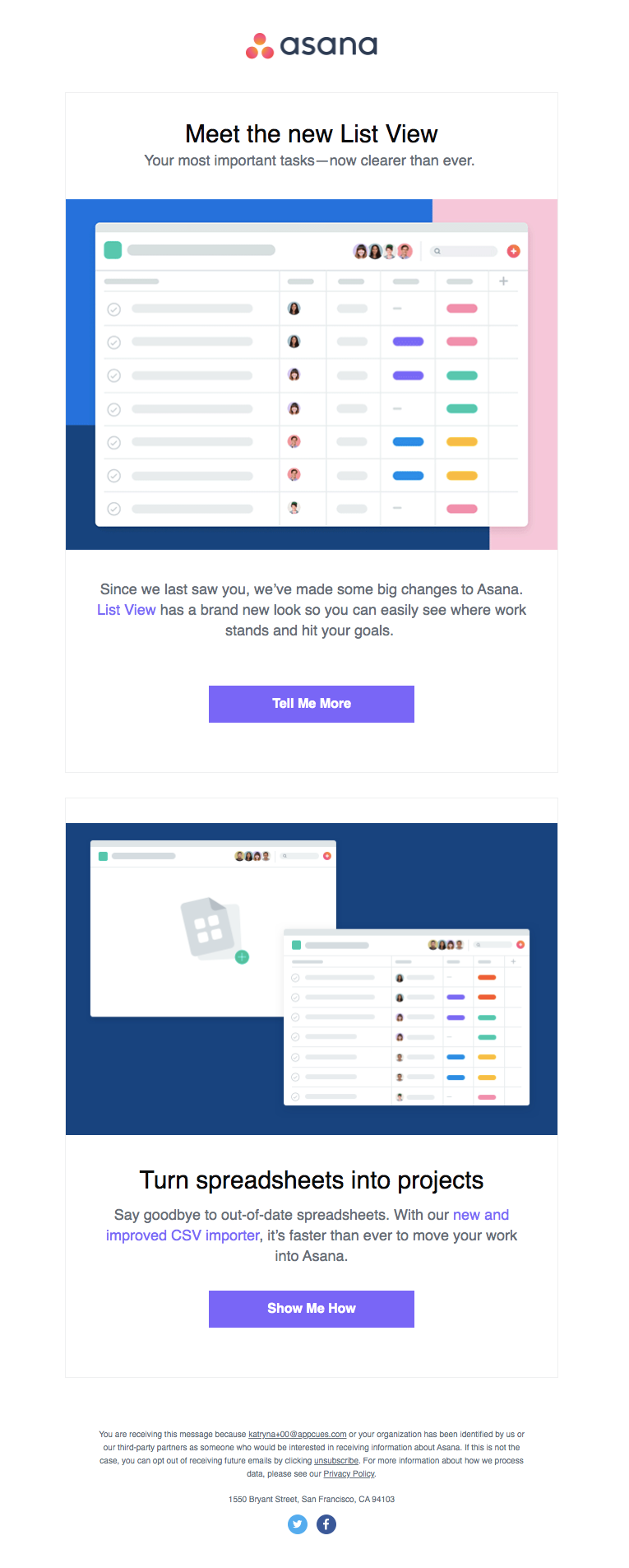 Asana product launch email example for List View