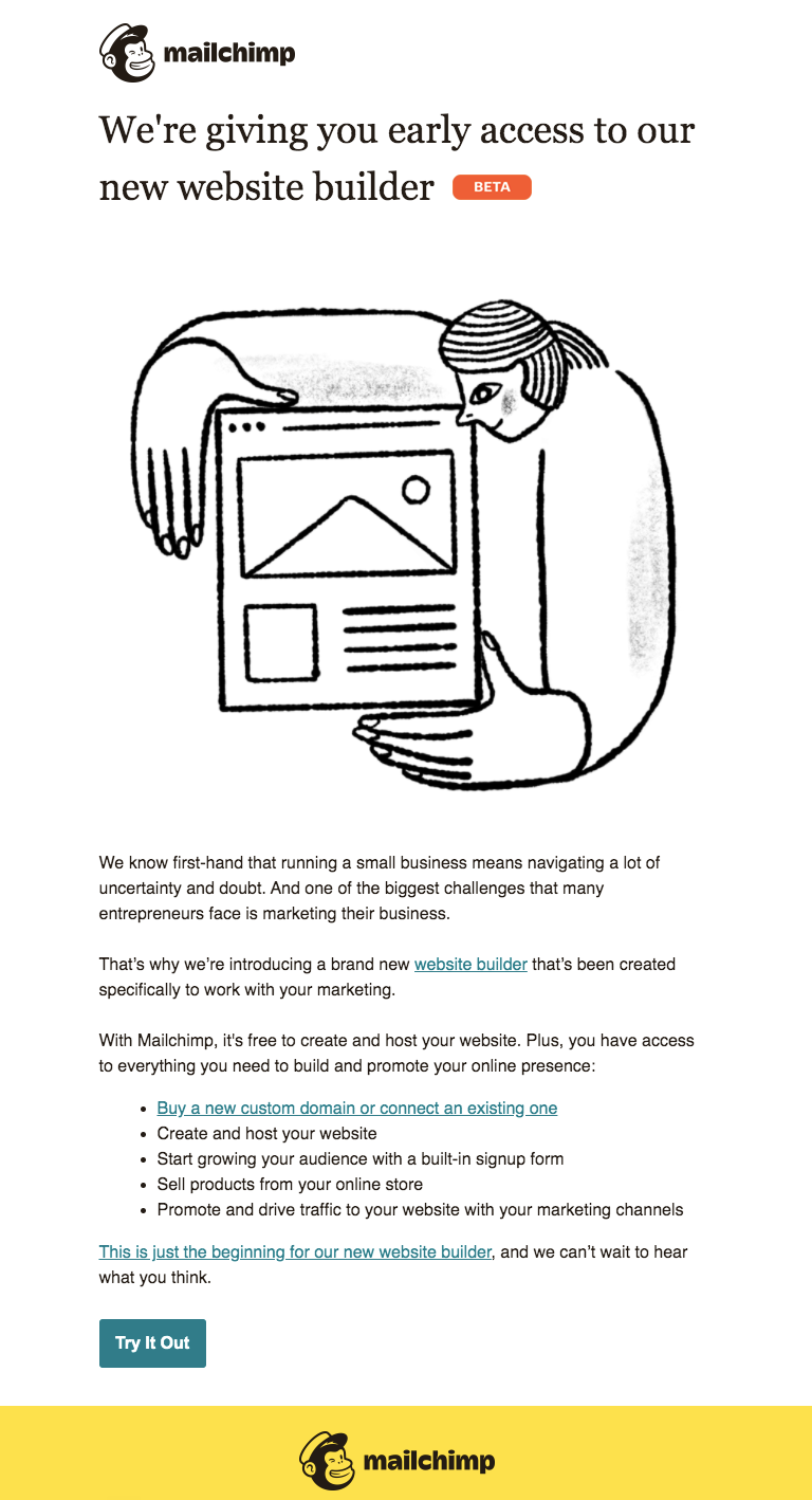 Mailchimp product launch email to beta early access invite