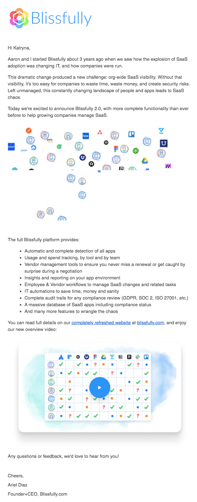 Blissfully's redesign product launch email announcement 