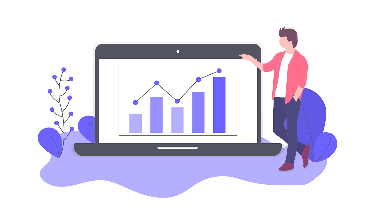 an illustration of a product manager standing in front of a laptop that shows the company is growing