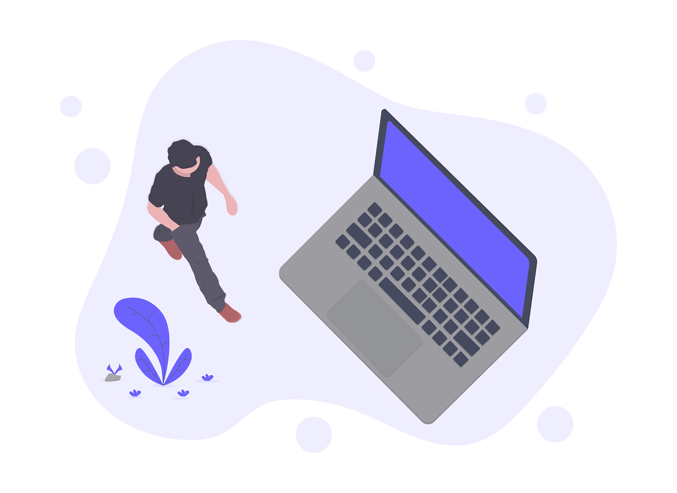 an illustration of a product manager walking toward a laptop showing startup responsibilites