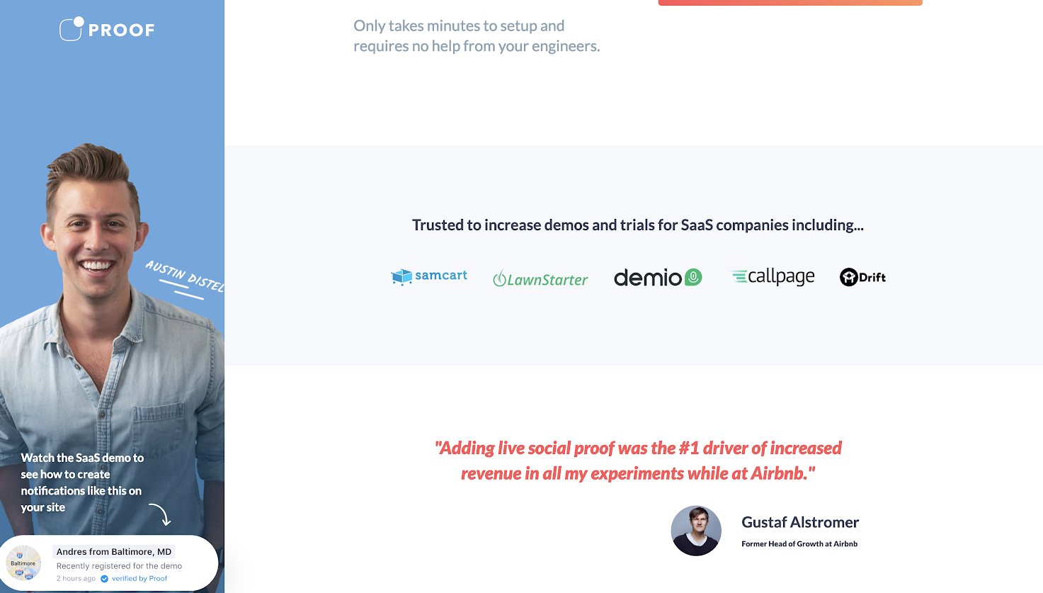 this is a screenshot image of proof's social proof page for SaaS companies that shows SaaS company logos and testimonials
